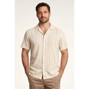 Denim & Flower Ricky Singh Mens S Woven Button Front Shirt Cream Stripe NWOT